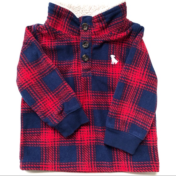 Baby boy pullover fleece Carters blue red plaid Henley - Picture 2 of 7